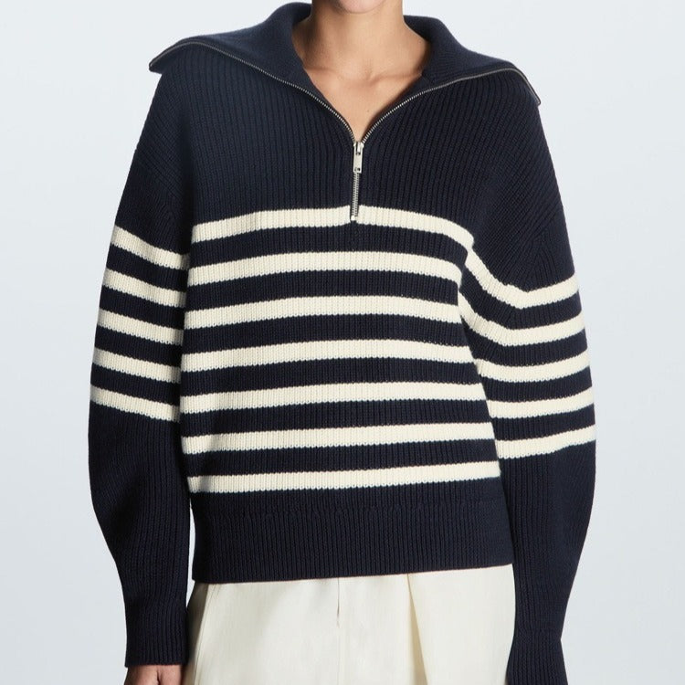 Women's Half-zip Striped Long-sleeved Sweater