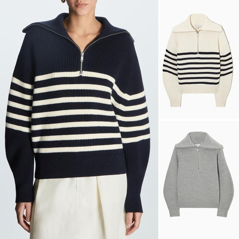 Women's Half-zip Striped Long-sleeved Sweater