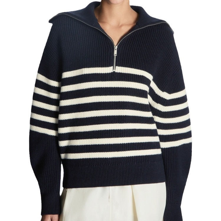Women's Half-zip Striped Long-sleeved Sweater