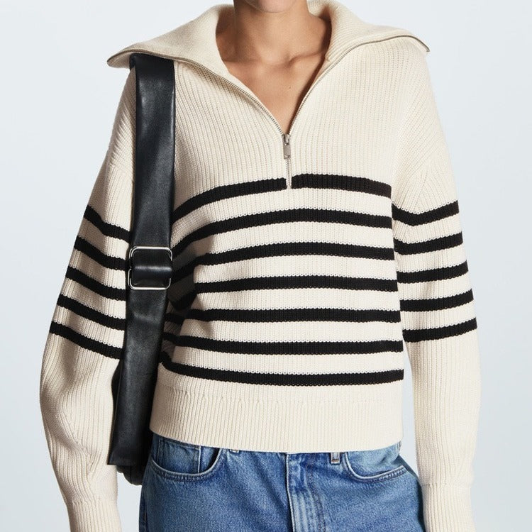 Women's Half-zip Striped Long-sleeved Sweater